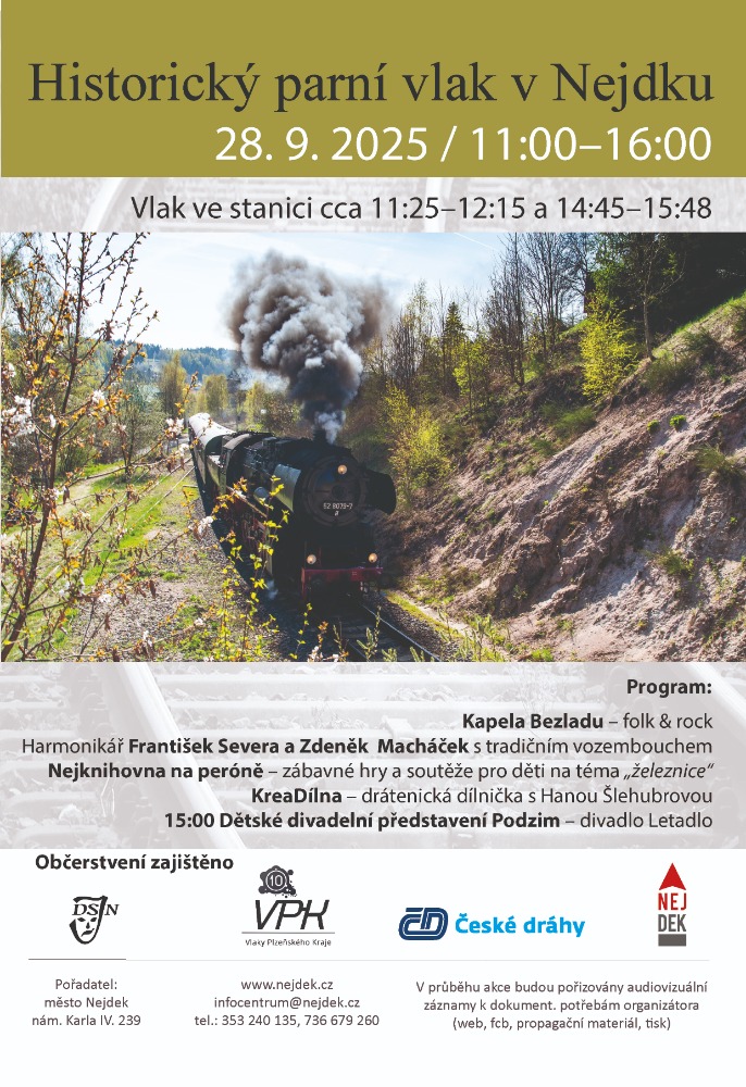 V korunách stromů - PODZIM, Historický parní vlak v Nejdku, 28.9.2025 od 15h, Nejdek